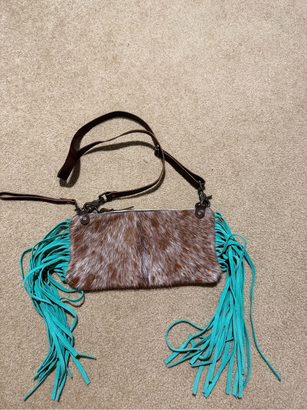 Brown Haircalf Crossbody Bag with Turquoise Fringe Accent